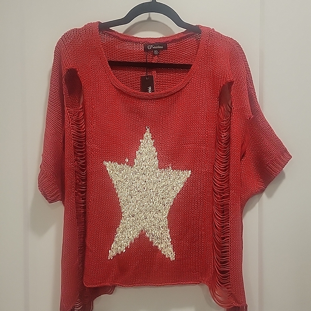 Priceless Distressed Sweater Red Top Sz M/L